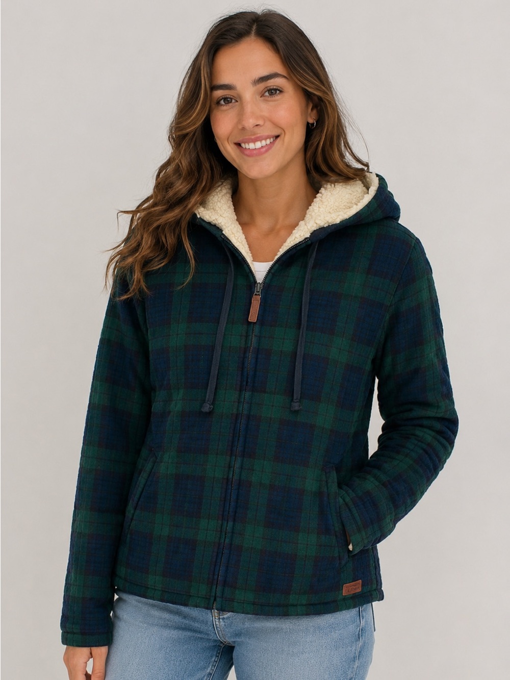 L.L.Bean Women’s Sherpa Lined Plaid Zip Hoodie Jacket XS Petite 20x24